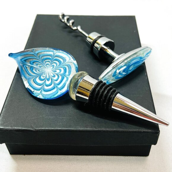 Art Glass Corkscrew & Stopper Set Teal White Iridescent Paragon Wine Accessories - Picture 7 of 11